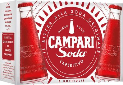 Campari Soda, fix & fertig gemischt, 10 % Vol. Alk., 5 x 98 ml EINWEG Glasflasche