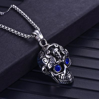 Lederkette Edelstahl Halskette PIRATE SKULL BLUE