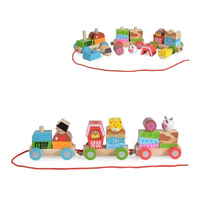 Moni Spielzeug Zug 2036, Bauernzug aus Holz, Formsortierspiel, 1 Lok, 2 Waggons