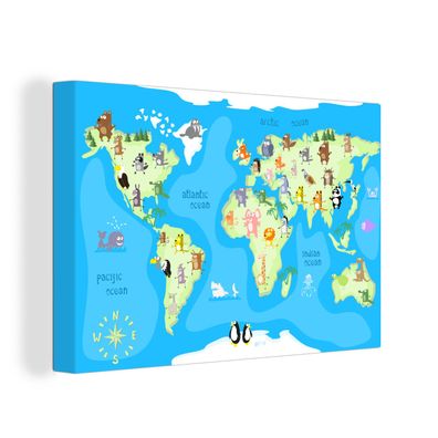 Leinwandbilder - 30x20 cm - Weltkarte - Kinder - Tiere - Atlas