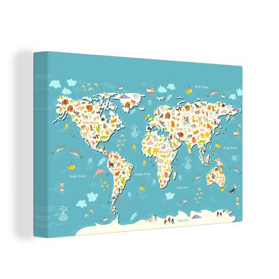 Leinwandbilder - 90x60 cm - Weltkarte - Kinder - Farben - Tiere