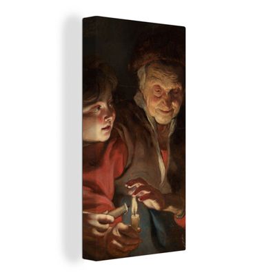Leinwandbilder - 40x80 cm - Alte Frau und Junge mit Kerzen - Gemälde von Peter Paul R
