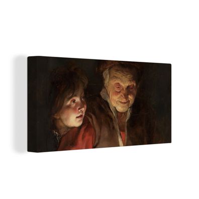 Leinwand Bilder - 160x80 cm - Alte Frau und Junge mit Kerzen - Gemälde von Peter Paul