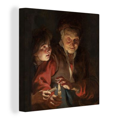 Leinwandbilder - 20x20 cm - Alte Frau und Junge mit Kerzen - Gemälde von Peter Paul R