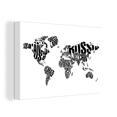 Leinwand Bilder - 150x100 cm - Weltkarte - Schwarz - Weiß - Wörter