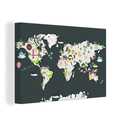 Leinwand Bilder - 150x100 cm - Weltkarte - Tiere - Grau