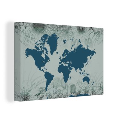Leinwand Bilder - 120x80 cm - Weltkarte - Grau - Blau