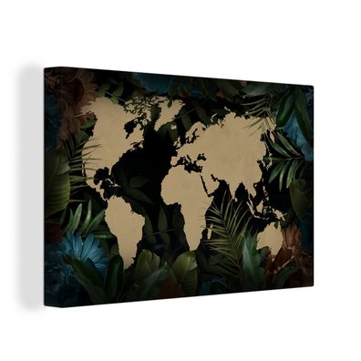 Leinwand Bilder - 150x100 cm - Weltkarte - Tropische Pflanzen - Blätter