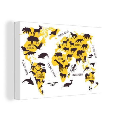 Leinwand Bilder - 150x100 cm - Weltkarte - Gelb - Tiere
