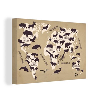 Leinwand Bilder - 140x90 cm - Weltkarte - Tiere - Welt