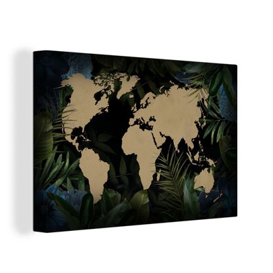 Leinwand Bilder - 120x80 cm - Weltkarte - Schwarz - Blätter