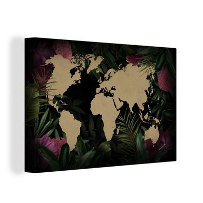 Leinwand Bilder - 150x100 cm - Weltkarte - Blumen - Blätter