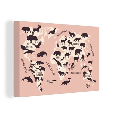 Leinwand Bilder - 150x100 cm - Weltkarte - Rosa - Tiere