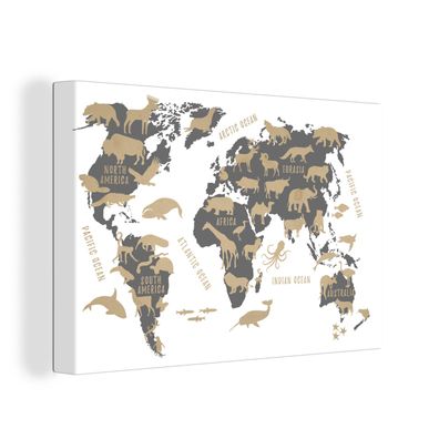 Leinwand Bilder - 150x100 cm - Weltkarte - Grau - Tiere
