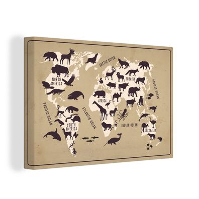 Leinwand Bilder - 140x90 cm - Weltkarte - Beige - Tiere