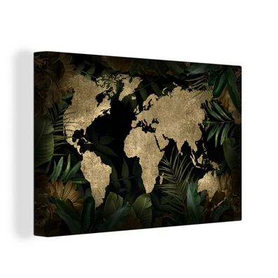 Leinwand Bilder - 150x100 cm - Weltkarte - Vintage - Tropische Pflanzen