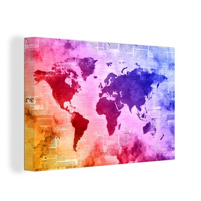Leinwand Bilder - 140x90 cm - Weltkarte - Aquarell - Regenbogen
