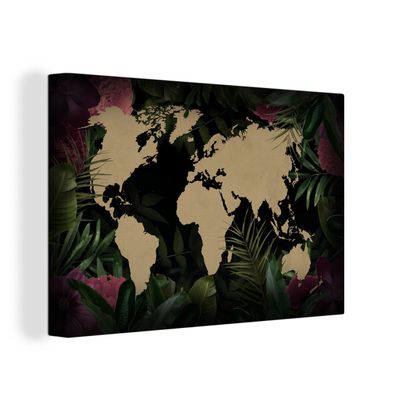 Leinwand Bilder - 150x100 cm - Weltkarte - Blätter - Dschungel