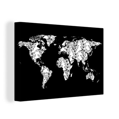 Leinwand Bilder - 140x90 cm - Weltkarte - Schwarz - Weiß - Blätter