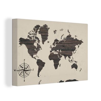 Leinwandbilder - 90x60 cm - Weltkarte - Holz - Kompassrose