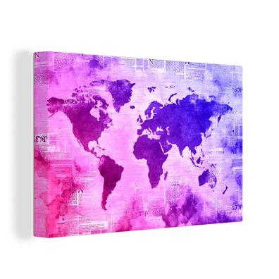 Leinwandbilder - 90x60 cm - Weltkarte - Rosa - Blau