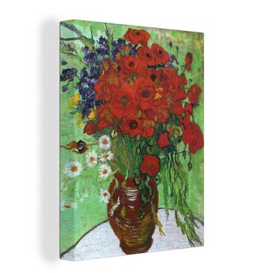 Leinwand Bilder - 90x120 cm - Vase mit roten Mohnblumen und Gänseblümchen - Vincent v