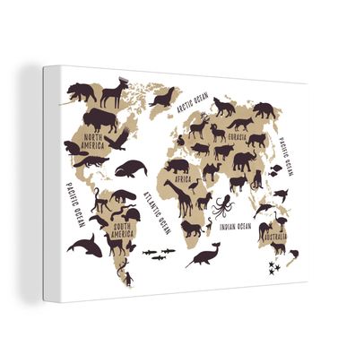 Leinwand Bilder - 120x80 cm - Weltkarte - Braun - Tiere