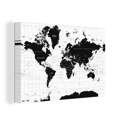 Leinwand Bilder - 150x100 cm - Weltkarte - Schwarz - Weiß - Atlas