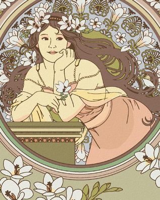 Malen nach Zahlen - Reproduktion EINER FRAU MIT Weissen BLUMEN (ALPHONSE MUCHA)