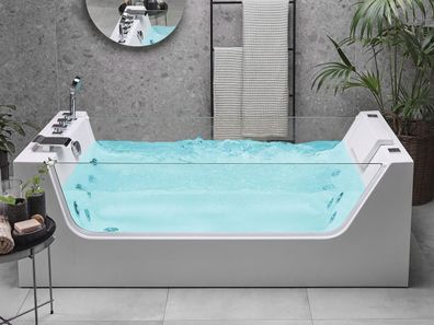 Freistehende Whirlpool Badewanne mit beidseitig Glas LED Armaturen Massage 170x80 cm