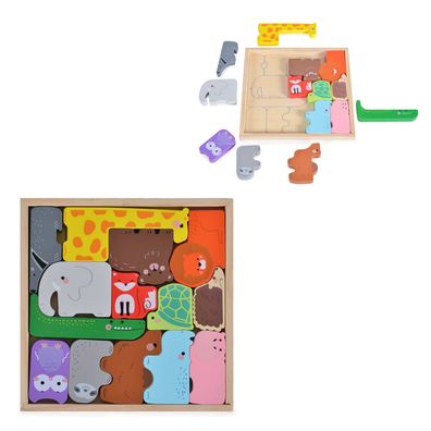 Moni Kinder Puzzle Tiere 3002 Holz, Sortierspiel, Farbpuzzle, 14 bunte Tiere