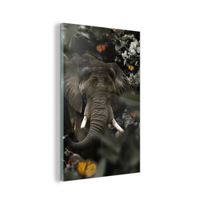 Glasbild - 100x150 cm - Wandkunst - Elefant - Schmetterling - Dschungel