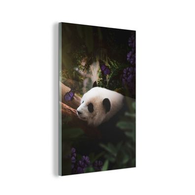 Glasbild - 60x90 cm - Wandkunst - Panda - Dschungel - Schmetterling - Lila