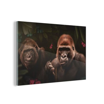 Glasbild - 30x20 cm - Wandkunst - Gorilla - Dschungel - Pflanzen - Schmetterling