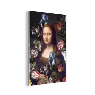 Glasbild - 60x90 cm - Wandkunst - Mona Lisa - Leonardo da Vinci - Blumen