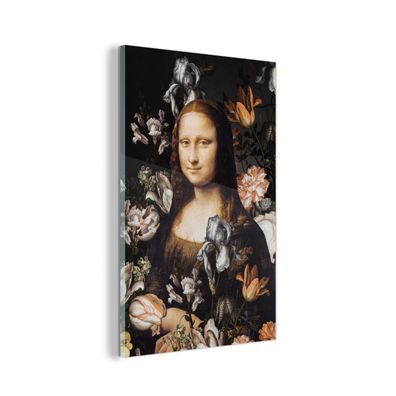 Glasbild - 40x60 cm - Wandkunst - Mona Lisa - Leonardo da Vinci - Blumen