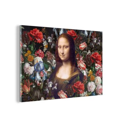 Glasbild - 90x60 cm - Wandkunst - Mona Lisa - Leonardo da Vinci - Blumen