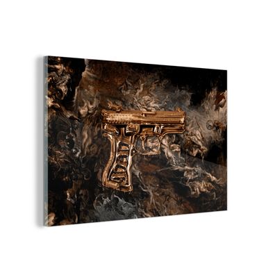 Glasbild - 90x60 cm - Wandkunst - Pistole - Gold - Rauch