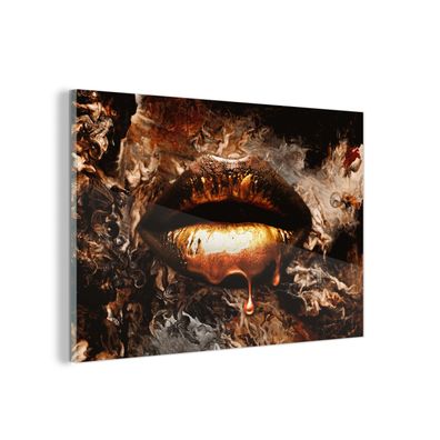 Glasbild - 120x80 cm - Wandkunst - Gold - Lippen - Rauch