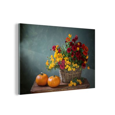Glasbild - 120x80 cm - Wandkunst - Korb - Kürbis - Chrysantheme