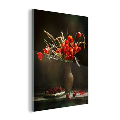 Glasbild - 90x120 cm - Wandkunst - Mohnblumen - Stillleben - Obst