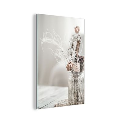 Glasbild - 40x60 cm - Wandkunst - Topf - Getrocknete Blumen - Pastell