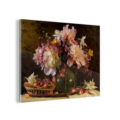 Glasbild - 40x30 cm - Wandkunst - Blumen - Korb - Obst