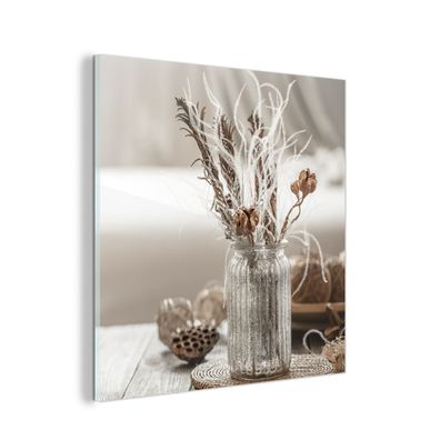 Glasbild - 50x50 cm - Wandkunst - Stilleben - Getrocknete Blumen - Vase