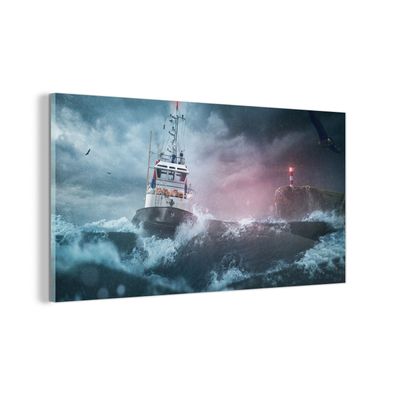 Glasbild - 160x80 cm - Wandkunst - Meer - Boot - Sturm - Leuchtturm
