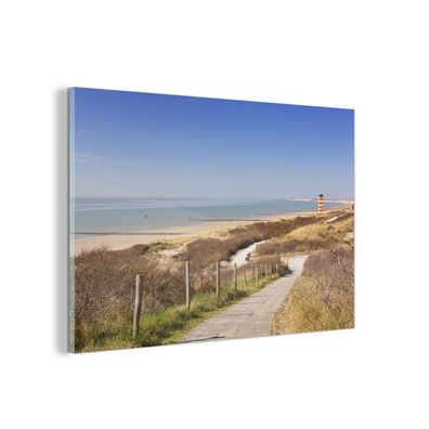 Glasbild - 30x20 cm - Wandkunst - Strand - Meer - Leuchtturm - Niederlande