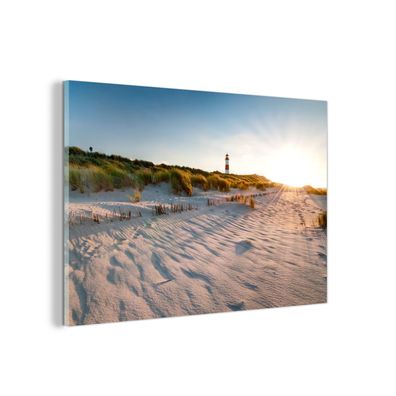 Glasbild - 30x20 cm - Wandkunst - Strand - Leuchtturm - Sonnenuntergang