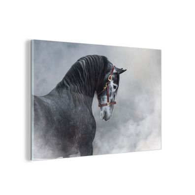 Glasbild - 120x80 cm - Wandkunst - Pferd - Grau - Rauch