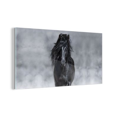 Glasbild - 40x20 cm - Wandkunst - Pferd - Rauch - Grau