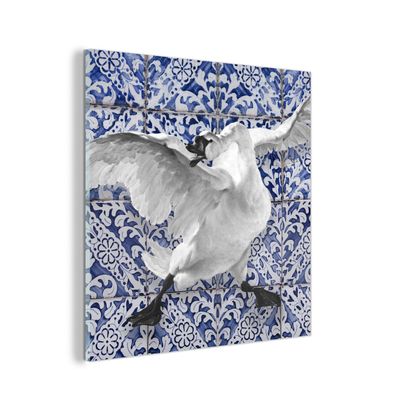Glasbild - 20x20 cm - Wandkunst - Schwan - Delfter Blau - Kunst